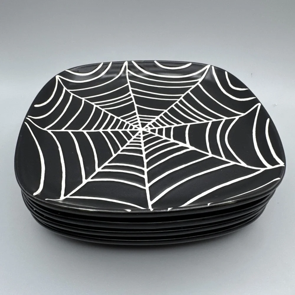 Pottery Barn Halloween Plates Set 4‎ Spiderweb Spider Web Dessert Salad Side